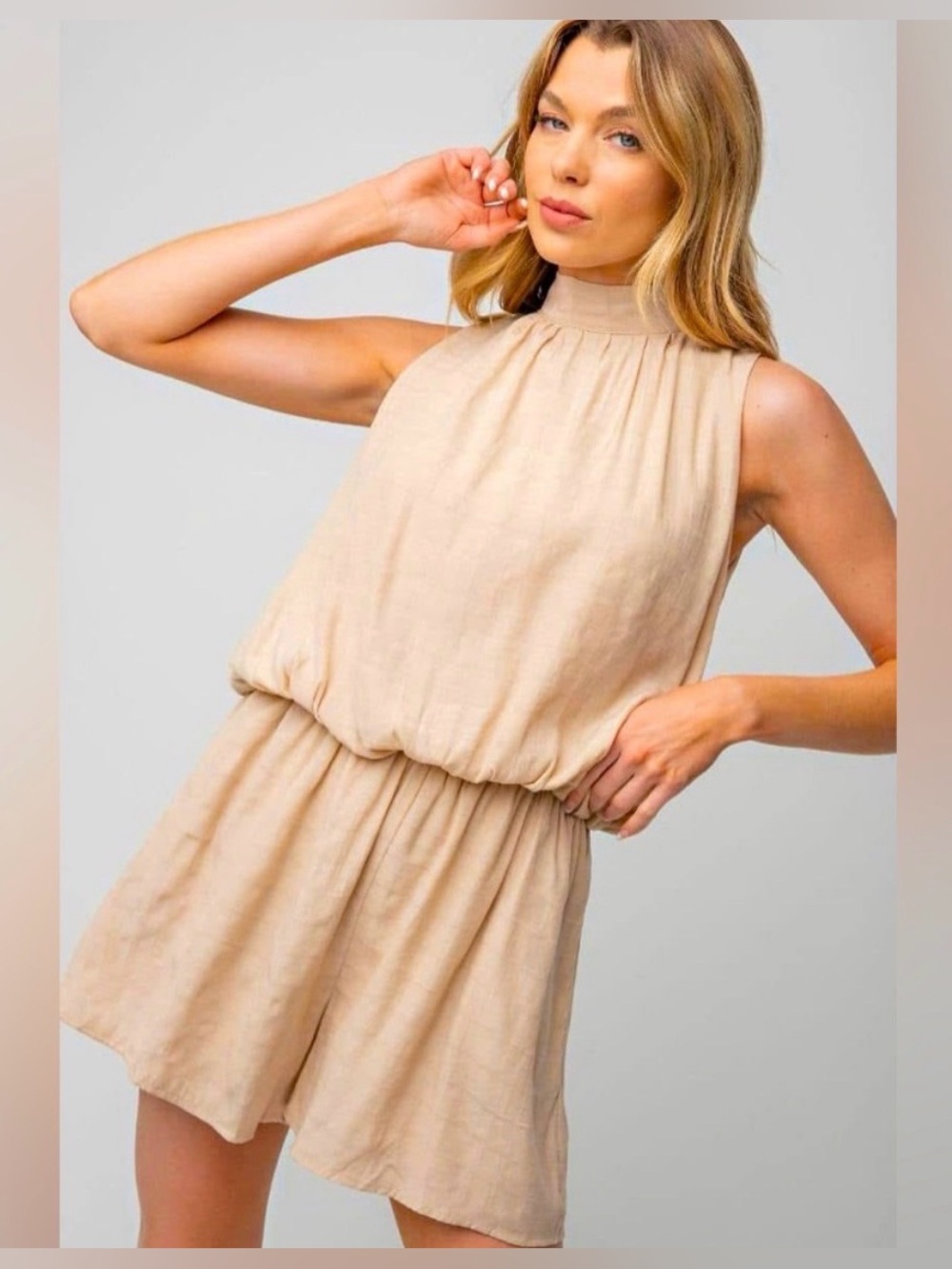 Sleeveless High-Neck Romper in Beige